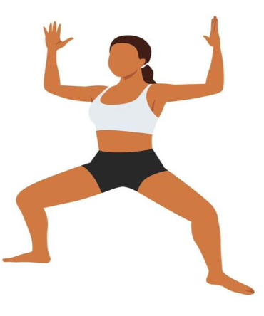 Icon of a woman balancing in Eagle Pose, with one leg wrapped over the other and arms intertwined at chest level.