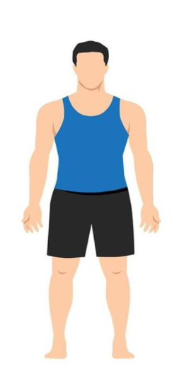 Simple icon of a man standing tall in Mountain Pose, with arms at his sides and feet grounded.